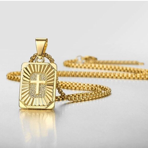 NEW Gold Block Cross Pendant Necklace Unisex 18” Religious Gold Chain Necklace - Picture 2 of 9